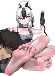 Rule 34 | 1boy, 1girl, barefoot, blue archive, feet, hand on another&#039;s head, highres, kayoko (blue archive), kayoko (dress) (blue archive), kukoi, light blush, long hair, red eyes, shoes, smelling, soles, toes, unworn shoes, white hair