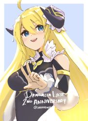 Rule 34 | 1girl, ahoge, artist name, black dress, blue background, blue eyes, character request, commentary, dated commentary, dragalia lost, dress, english text, horns, jewelry, light blush, looking at viewer, open mouth, ring, simple background, skeptycally, smile, solo, teeth, upper body, upper teeth only, w