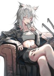 Rule 34 | 1girl, absurdres, antenna hair, arknights, bandeau, black jacket, black shorts, cake, couch, crossed legs, eating, feet out of frame, fingerless gloves, food, fork, gloves, grey eyes, grey hair, hair between eyes, highres, holding, holding fork, jacket, lappland (arknights), leather, leather jacket, long hair, looking at viewer, material growth, messy hair, midriff, open clothes, open jacket, oripathy lesion (arknights), shorts, simple background, sitting, solo, sword, veilrain, weapon, white background, white bandeau, white gloves