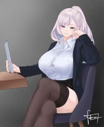 Rule 34 | 1girl, alternate costume, blazer, blue eyes, braid, breasts, clipboard, collared shirt, crossed legs, dress shirt, fafaam7, formal, french braid, grey hair, highres, hololive, hololive indonesia, jacket, large breasts, long hair, pavolia reine, ponytail, shirt, signature, sitting, smile, solo, thighhighs, virtual youtuber, zettai ryouiki
