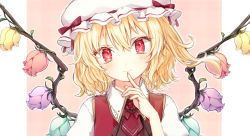 Rule 34 | 1girl, blonde hair, closed mouth, finger to mouth, flandre scarlet, flat chest, flower, green flower, hair between eyes, hat, hat ribbon, head tilt, honotai, looking at viewer, mob cap, purple flower, red eyes, red flower, red ribbon, ribbon, shirt, smile, solo, touhou, upper body, ves, vest, white hat, white shirt, wing collar, wings, yellow flower