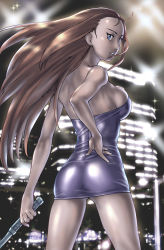 Rule 34 | 1girl, ass, blue eyes, bodycon, city, cocktail dress, commentary request, dress, ghost sweeper mikami, holding, long hair, mikami reiko, orange hair, retro artstyle, solo, strapless, strapless dress, tube dress, ueyama michirou