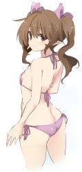 Rule 34 | 1girl, ass, bare shoulders, bikini, breasts, brown hair, butt crack, cropped legs, from behind, hair ribbon, halterneck, himekaidou hatate, kamukamu (ars), looking at viewer, looking back, pointy ears, purple bikini, purple ribbon, ribbon, side-tie bikini bottom, sideboob, small breasts, solo, standing, string bikini, swimsuit, touhou, twintails
