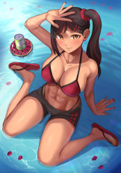 Rule 34 | 1girl, abs, absurdres, arm support, arm up, bikini, black hair, blush, breasts, brown eyes, cleavage, closed mouth, commission, dark-skinned female, dark skin, flip-flops, hair ornament, hairclip, highres, large breasts, long hair, looking at viewer, multicolored hair, muscular, muscular female, nail polish, navel, original, red bikini, red hair, red nails, sandals, scrunchie, side ponytail, sitting, skeb commission, smile, solo, streaked hair, swimsuit, toin (iitoin), wariza