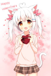 Rule 34 | &gt; &lt;, 1girl, :d, absurdres, ahoge, animal ear fluff, animal ears, blush, box, brown eyes, brown skirt, brown sweater, cat ears, cat girl, cat hair ornament, cat tail, commentary request, fang, gift, gift box, hair ornament, hair ribbon, hairclip, happy valentine, head tilt, heart, heart-shaped box, heart ahoge, highres, holding, holding gift, long hair, long sleeves, open mouth, original, pink ribbon, plaid, plaid skirt, ribbon, skirt, smile, solo, sparkle, sweater, tail, tail raised, twintails, valentine, white hair, xiaosamiao