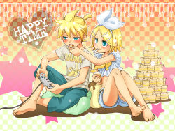 Rule 34 | 1boy, 1girl, aqua eyes, barefoot, blonde hair, blush, brother and sister, controller, eating, fashion, feeding, feet, food, game console, game controller, hair ornament, hair ribbon, hairclip, highres, junji, kagamine len, kagamine rin, legs, legs up, mouth hold, nail polish, open mouth, playing games, ponytail, pudding, ribbon, short hair, shorts, siblings, sitting, smile, soles, spoon, super famicom, super nintendo, toes, twins, vocaloid, yellow nails