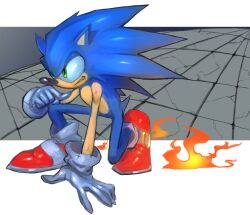 Rule 34 | 1boy, absurdres, animal nose, blue fur, dakusuta, fire, furry, furry male, gloves, green eyes, hedgehog, hedgehog ears, hedgehog tail, highres, male focus, red footwear, solo, sonic (series), sonic the hedgehog, white gloves