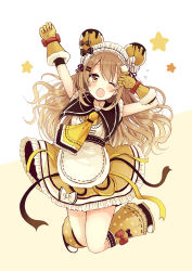 Rule 34 | 1girl, ;o, absurdres, animal ears, arm up, bear ears, black bow, black footwear, blush, bow, brown background, brown eyes, brown gloves, brown hair, brown skirt, fang, frilled neckwear, frilled skirt, frills, full body, gloves, hair between eyes, highres, leg warmers, long hair, looking at viewer, one eye closed, open mouth, original, red bow, sakura oriko, shirt, shoes, simple background, skirt, solo, tears, very long hair, white bow, white shirt, yellow neckwear