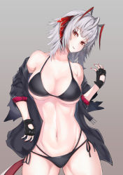 Rule 34 | 1girl, absurdres, ahoge, antennae, arknights, bare shoulders, bikini, black bikini, black jacket, breasts, brown eyes, commentary request, cowboy shot, demon girl, fingerless gloves, gloves, grey background, hand up, head tilt, highres, horns, jacket, kisumun, looking at viewer, medium breasts, nail polish, navel, off shoulder, open clothes, open jacket, partial commentary, red nails, short hair, side-tie bikini bottom, silver hair, simple background, smile, solo, standing, stomach, swimsuit, w (arknights)