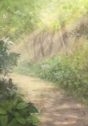 Rule 34 | bush, day, forest, highres, light rays, nature, no humans, original, painting (medium), path, plant, road, sapling, scenery, sunlight, tlctm7h8wdwnthx, traditional media, tree, watercolor (medium)
