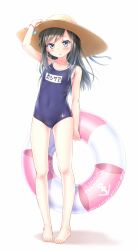 Rule 34 | 1girl, alternate costume, anchor symbol, asashio (kancolle), bare arms, bare legs, bare shoulders, barefoot, black hair, blue eyes, blue one-piece swimsuit, blush, bracelet, brown hat, character name, collarbone, colored eyelashes, commentary request, competition school swimsuit, full body, gluteal fold, gotou hisashi, hair between eyes, halterneck, hat, highres, holding, holding swim ring, innertube, jewelry, kantai collection, long hair, looking at viewer, name tag, navel, one-piece swimsuit, open mouth, ribbon, school swimsuit, simple background, solo, standing, straw hat, swim ring, swimsuit, white background