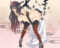 Rule 34 | 10s, 1boy, 1girl, admiral (kancolle), ass, ban! (bansankan), bare shoulders, bent over, black hair, breasts, brown eyes, cunnilingus, drooling, elbow gloves, fingerless gloves, gloves, hair ornament, hairband, hanging breasts, hat, headgear, hetero, kantai collection, kneeling, large breasts, looking at viewer, military, military uniform, nagato (kancolle), nipples, open mouth, oral, pigeon-toed, red eyes, seiza, sitting, standing, standing cunnilingus, thighhighs, tongue, tongue out, translation request, uniform, white gloves