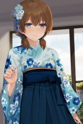 Rule 34 | 1boy, blue bow, blue eyes, blue flower, blue hakama, blue kimono, blue skirt, blurry, blurry background, blush, bow, brown hair, closed mouth, cowboy shot, crossdressing, day, depth of field, floral print, flower, furisode, hair between eyes, hair bow, hair flower, hair ornament, hakama, hakama skirt, hand up, highres, indoors, japanese clothes, kimono, long sleeves, looking at viewer, low twintails, male focus, medium hair, obi, original, print kimono, sash, short twintails, skirt, sky, smile, solo, standing, sunaba (nczd5875), trap, twintails, white flower, white kimono, wide sleeves, window
