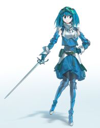 Rule 34 | 1girl, absurdres, adapted costume, aesur a, armor, blue eyes, blue hair, breastplate, commentary, full body, gradient background, hair bobbles, hair ornament, hand on own hip, highres, holding, holding sword, holding weapon, kawashiro nitori, knight, mask, mask on head, pocket, short hair, shoulder armor, solo, sword, touhou, two side up, weapon, white background