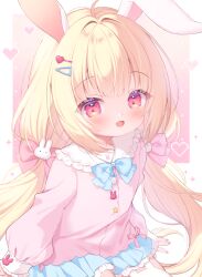 Rule 34 | 1girl, ahoge, animal ears, blonde hair, blue skirt, blush, bow, hair ornament, hairclip, heart, highres, long hair, low twintails, open mouth, original, rabbit ears, rabbit hair ornament, red eyes, sitting, skirt, smile, solo, twintails, yasumi nashi