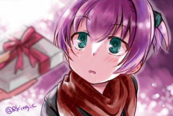 Rule 34 | 10s, 1girl, blue eyes, blush, box, coat, gift, gift box, giving, hair ornament, kantai collection, looking at viewer, pink hair, ponytail, pov, r-king, red scarf, scarf, shiranui (kancolle), short ponytail, solo focus, twitter username, winter clothes