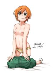 Rule 34 | 10s, 1girl, 2015, :3, bare shoulders, breasts, brown hair, clothes pull, collarbone, dated, highres, hoshizora rin, kneeling, love live!, love live! school idol project, navel, nipples, panties, short hair, signature, simple background, small breasts, socks, solo, striped clothes, striped panties, tachibana roku, underwear, undressing, yellow eyes, yellow panties