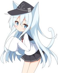 Rule 34 | 1girl, animal ears, black hat, black sailor collar, black skirt, blue eyes, blue hair, blush, cat ears, cat girl, cat tail, closed mouth, commentary request, flat cap, hair between eyes, hat, hibiki (kancolle), highres, ichi (ichi.colors), kantai collection, kemonomimi mode, leaning forward, long hair, long sleeves, pleated skirt, red neckwear, sailor collar, shirt, simple background, skirt, sleeves past fingers, sleeves past wrists, solo, tail, tail raised, very long hair, white background, white shirt