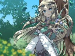 Rule 34 | 1girl, blonde hair, blue eyes, blunt ends, blush, breasts, commentary request, day, elf, feet out of frame, flower, forest, grass, hair flower, hair ornament, harp, highres, holding, holding harp, holding instrument, instrument, knees up, leaf, long hair, long sleeves, looking at viewer, margaret (rune factory), medium breasts, music, nature, open mouth, outdoors, pantyhose, playing instrument, pointy ears, puffy sleeves, rune factory, rune factory 4, sitting, smile, solo, tiara, tree, very long hair, white pantyhose, zyoto24
