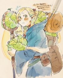 Rule 34 | 1girl, backpack, bag, belt pouch, blonde hair, blue capelet, blue robe, blush, braid, braided ponytail, cabbage, capelet, choker, dungeon meshi, elf, flying sweatdrops, food, green eyes, highres, holding, holding food, holding staff, holding vegetable, hood, kmttta, long sleeves, marcille donato, pointy ears, pouch, red choker, red ribbon, ribbon, robe, sleeping bag, staff, sweatdrop, traditional media, vegetable