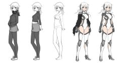 Rule 34 | 1girl, amamiya shisui, breasts, character sheet, concept art, female focus, from side, full body, hair between eyes, highres, leotard, lilith-soft, looking at viewer, pantyhose, pink eyes, sano toshihide, shoes, short hair, simple background, skin tight, skindentation, solo, standing, taimanin (series), taimanin asagi kessen arena, thighhighs, underwear, white background, white hair
