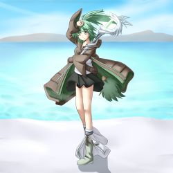 Rule 34 | 1girl, bad id, bad pixiv id, belt, blush, boots, clenched hand, covering head, duel monster, fingerless gloves, gloves, green eyes, green hair, hair ornament, hair tie, hairband, highres, holding, komimiyako, matching hair/eyes, mountain, one eye closed, ponytail, robe, shadow, sidelocks, skirt, smile, solo, staff, water, wynn (yu-gi-oh!), wynn the wind charmer, yu-gi-oh!, yu-gi-oh! duel monsters