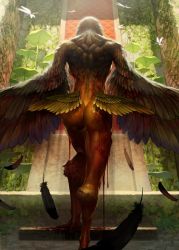 Rule 34 | 1girl, ass, blood, breasts, bug, colored skin, dragonfly, dripping, feathers, from behind, from below, harpy, insect, large breasts, light, monster girl, nude, orange skin, original, plant, shade, solo, tahra, toned, white hair, winged arms, wings