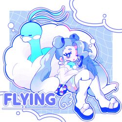 Rule 34 | 1girl, 8ra jelly, altaria, bird, blue eyes, blue hair, boots, closed eyes, cloud, creatures (company), double bun, flying miku (project voltage), game freak, gen 3 pokemon, gloves, grid background, hair bun, hatsune miku, highres, knee boots, long hair, looking at viewer, nintendo, pantyhose, poke ball, pokemon, pokemon (creature), project voltage, see-through, see-through sleeves, shorts, sleeping, solo, swablu, twintails, very long hair, vocaloid, white footwear, white pantyhose, white shorts
