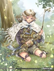 Rule 34 | 1boy, arrow (projectile), artist name, blonde hair, boots, bow, bow (weapon), bowtie, capelet, copyright name, force of will, fur trim, grass, kamijororo, leaf, male focus, official art, pointy ears, purple eyes, quiver, sitting, solo, tiara, tree, weapon