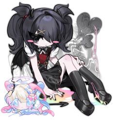 Rule 34 | 2girls, ame-chan (needy girl overdose), black eyes, black footwear, black hair, black horns, black nails, black ribbon, black skirt, black socks, black wings, blonde hair, blue bow, blue eyes, blue hair, blush, bow, chibi, chouzetsusaikawa tenshi-chan, cigarette, closed mouth, collar, collared shirt, commentary, demon horns, demon tail, demon wings, english commentary, frown, full body, hair bow, hair ornament, hair over one eye, hair tie, hairclip, halo, hand on own leg, heart, heart hair ornament, highres, holding, holding cigarette, horns, long hair, long sleeves, looking at viewer, lying, melting, mokiette, multicolored hair, multicolored nails, multiple girls, neck ribbon, needy girl overdose, on stomach, pink bow, pink hair, purple bow, quad tails, red nails, red shirt, ribbon, shirt, shirt tucked in, shoes, sitting, skirt, smoke, socks, suspender skirt, suspenders, tail, tearing up, twintails, very long hair, white collar, wings, x hair ornament