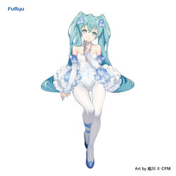Rule 34 | 1girl, bare shoulders, blue eyes, blue flower, blue footwear, blue hair, breasts, copyright notice, crypton future media, detached sleeves, earrings, flower, hair flower, hair ornament, hand up, hatsune miku, highres, invisible chair, jewelry, leotard, long hair, looking at viewer, nemophila (flower), pantyhose, shoes, simple background, sitting, small breasts, smile, sogawa, solo, twintails, very long hair, vocaloid, white background, white leotard, white pantyhose