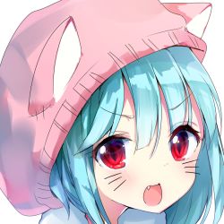 Rule 34 | 1girl, animal hat, aqua hair, blush, cat hat, fang, hat, hood, hoodie, medium hair, open mouth, original, pink hoodie, red eyes, sketch, slit pupils, solo, translated, upper body, whiskers, white background