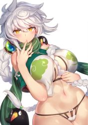 Rule 34 | 1girl, asymmetrical hair, bad id, bad pixiv id, beads, blush, bra, braid, braided ponytail, breasts, cleavage, clothing cutout, cloud print, crop top, cupless bra, failure penguin, finger to mouth, gem, green scarf, hair between breasts, hair ornament, hip focus, jitome, kantai collection, large breasts, long hair, navel, open mouth, orb, panties, pokoten (pokoten718), scarf, shoulder cutout, silver hair, simple background, single braid, stomach, striped clothes, striped scarf, swept bangs, underwear, unryuu (kancolle), very long hair, wavy hair, white background, yellow eyes