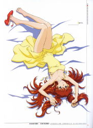 Rule 34 | 1girl, artbook, bare legs, bare shoulders, barefoot, blue eyes, breasts, collar, dress, feet, female focus, full body, hair between eyes, hair ornament, highres, long hair, long legs, looking at viewer, lying, neon genesis evangelion, no socks, non-web source, official art, on bed, orange hair, plugsuit, scan, shoe dangle, shoes, single shoe, smile, solo, souryuu asuka langley, toes, twintails, white background, yellow dress