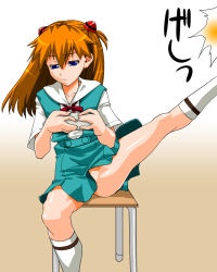 Rule 34 | 1girl, ass, blue eyes, brown hair, clothes lift, evangelion: 2.0 you can (not) advance, expressionless, feet, flexible, gradient background, hair ornament, highres, holding, kicking, legs up, long hair, looking down, neon genesis evangelion, no panties, rebuild of evangelion, school uniform, serafuku, shinama, shiny skin, sitting, skirt, skirt lift, socks, souryuu asuka langley, tokyo-3 middle school uniform, translation request, two side up, violence