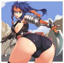 Rule 34 | 1girl, :o, akinaie, angry, aqua eyes, armor, armpits, ass, bent over, black gloves, blue hair, braid, breasts, capcom, chain, cliff, cloud, day, fighting stance, forehead protector, foreshortening, from behind, gloves, headband, holding, huge ass, kuroobi, kuroobi (armor), long hair, looking at viewer, looking back, medium breasts, micro shorts, monster hunter (series), no bra, open mouth, outdoors, ponytail, shield, shorts, side braid, sideboob, sky, solo, spikes, strap, striped, sword, thighhighs, twin braids, weapon, yoshio (55level)