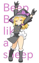 Rule 34 | 1girl, arms up, asdfmovie, black coat, black footwear, black gloves, black hat, black skirt, blonde hair, blush, boots, bow, braid, buttons, closed eyes, coat, commentary request, cookie (touhou), flat chest, full body, gloves, grin, hair bow, hat, hat bow, hospital king, kirisame marisa, long hair, m/, medium bangs, purple bow, rei (cookie), single braid, skirt, smile, solo, standing, touhou, white background, witch hat