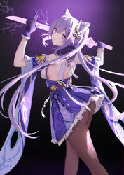 Rule 34 | 1girl, ass, bare shoulders, braid, breasts, brown pantyhose, cone hair bun, detached sleeves, electricity, flower, frilled gloves, frilled skirt, frilled sleeves, frills, genshin impact, gloves, hair bun, hair flower, hair ornament, highres, holding, holding sword, holding weapon, keqing (genshin impact), medium breasts, nyanko960121, pantyhose, parted lips, purple eyes, purple gloves, purple hair, purple skirt, purple theme, sideboob, skirt, solo, sword, twintails, vision (genshin impact), weapon