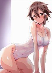 Rule 34 | 1girl, :o, absurdres, asada shino, blush, breasts, brown eyes, brown hair, covered erect nipples, glasses, highres, island (kossori), kneeling, looking at viewer, medium breasts, navel, nipples, one-piece swimsuit, see-through, short hair, solo, swimsuit, sword art online, tagme, white one-piece swimsuit