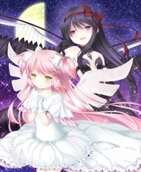 Rule 34 | 10s, 2girls, akemi homura, akuma homura, bad id, bad pixiv id, bare shoulders, black gloves, black hair, black wings, bow, choker, dress, elbow gloves, feathered wings, gloves, hair bow, half moon, kaname madoka, long hair, looking at viewer, mahou shoujo madoka magica, mahou shoujo madoka magica: hangyaku no monogatari, moon, multiple girls, own hands clasped, own hands together, pink hair, purple eyes, smile, spoilers, star (sky), two side up, ultimate madoka, white dress, white gloves, wings, yellow eyes, yuri