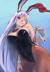 Rule 34 | 1girl, ;), animal ears, bare arms, bare shoulders, black leotard, bow, bowtie, breasts, bright pupils, cloud, cowboy shot, crescent moon symbol, detached collar, envenomist (gengoroumaru), hand on own thigh, hand up, highres, hip focus, large breasts, leotard, long hair, looking at viewer, one eye closed, pantyhose, playboy bunny, purple hair, rabbit ears, rabbit girl, rabbit tail, red eyes, reisen udongein inaba, smile, solo, standing, strapless, strapless leotard, tail, touhou, very long hair, white pupils, wrist cuffs