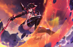 Rule 34 | 1girl, action, ass, asymmetrical hair, attack, black footwear, black gloves, black hair, blue eyes, blush, boots, breasts, commentary, electricity, from below, full body, gloves, high heels, holding, holding weapon, kill la kill, large breasts, matoi ryuuko, medium hair, microskirt, midriff, multicolored hair, navel, open mouth, orange sekaii, patreon logo, patreon username, pleated skirt, red hair, revealing clothes, school uniform, scissor blade (kill la kill), senketsu, serafuku, shiny clothes, skirt, smile, solo, streaked hair, suspenders, thigh boots, thighhighs, thighs, underboob, weapon
