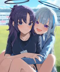 Rule 34 | 2girls, absurdres, black shirt, blue archive, blue jacket, blurry, blurry background, blush, breasts, closed mouth, collarbone, commentary request, facial mark, grass, grey hair, halo, highres, id card, jacket, lanyard, large breasts, long hair, long sleeves, looking at viewer, mechanical halo, multiple girls, noa (blue archive), official alternate costume, open mouth, ponytail, purple eyes, purple hair, shirt, short sleeves, smile, star (symbol), tai saka, track jacket, yuuka (blue archive), yuuka (track) (blue archive)