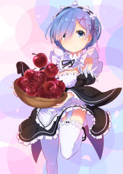 Rule 34 | 10s, 1girl, absurdres, apple, apron, bad id, bad pixiv id, blue eyes, blue hair, bowl, breasts, cleavage, detached sleeves, dress, eyebrows, food, frilled dress, frilled sleeves, frills, fruit, garter straps, hair ornament, hair over one eye, highres, holding, leg up, looking at viewer, maid, maid headdress, mary janes, matching hair/eyes, medium breasts, neck ribbon, re:zero kara hajimeru isekai seikatsu, rem (re:zero), ribbon, ribbon-trimmed clothes, ribbon-trimmed sleeves, ribbon trim, sa/tsu/ki, shoes, short hair, smile, solo, thighhighs, white thighhighs, x hair ornament