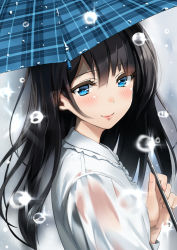 Rule 34 | 1girl, black hair, blue eyes, blush, closed mouth, fingernails, from side, grey background, holding, holding umbrella, kinugasa yuuichi, lips, looking to the side, nail polish, original, pink nails, rain, see-through, shirt, smile, solo, sparkle, umbrella, upper body, water, water drop, wet, wet clothes, wet shirt, white shirt