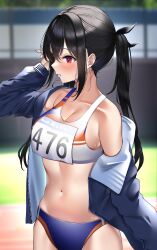 Rule 34 | 1girl, absurdres, arm up, bare shoulders, black hair, blurry, blurry background, breasts, buruma, cleavage, collarbone, depth of field, from side, hair between eyes, hair tie, hair tie in mouth, highres, jacket, kaku yone, large breasts, long hair, md5 mismatch, medium breasts, mouth hold, navel, open clothes, original, outdoors, red eyes, resolution mismatch, single bare shoulder, solo, source smaller, sports bra, standing, stomach, sweat, thighs, track and field, track jacket, twintails