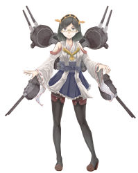 Rule 34 | 10s, 1girl, bare shoulders, black hair, boots, cannon, detached sleeves, duck mizu-nai, duck mizuuchi, full body, glasses, green-framed eyewear, hairband, headgear, japanese clothes, kantai collection, kirishima (kancolle), nontraditional miko, pantyhose, ribbon-trimmed sleeves, ribbon trim, short hair, skirt, solo, thigh boots, thighhighs, turret
