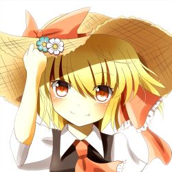 Rule 34 | 1girl, ascot, blonde hair, bow, fang, fang out, flower, hair ribbon, hand to hat, hat, hat bow, hat flower, highres, indo (mdtanaka2007), orange eyes, ribbon, rumia, short hair, short sleeves, smile, sun hat, touhou, vest