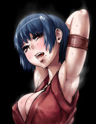 Rule 34 | 1girl, arm up, armlet, armpits, arms up, blue hair, blush, breasts, cleavage, japanese clothes, large breasts, mole, mole under mouth, ninja, open mouth, original, red eyes, sgk, short hair, simple background, solo, steam, sweat