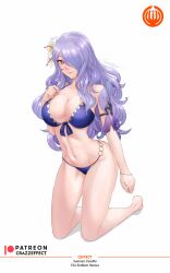 Rule 34 | 1girl, bare legs, bare shoulders, barefoot, bikini, blue bikini, breasts, camilla (fire emblem), camilla (summer) (fire emblem), cleavage, commentary, crazzeffect, english commentary, fire emblem, fire emblem fates, fire emblem heroes, flower, hair flower, hair ornament, hair over one eye, highres, kneeling, large breasts, long hair, looking at viewer, navel, nintendo, official alternate costume, pink eyes, purple hair, simple background, solo, stomach, swimsuit, thighs, very long hair, white background, white flower